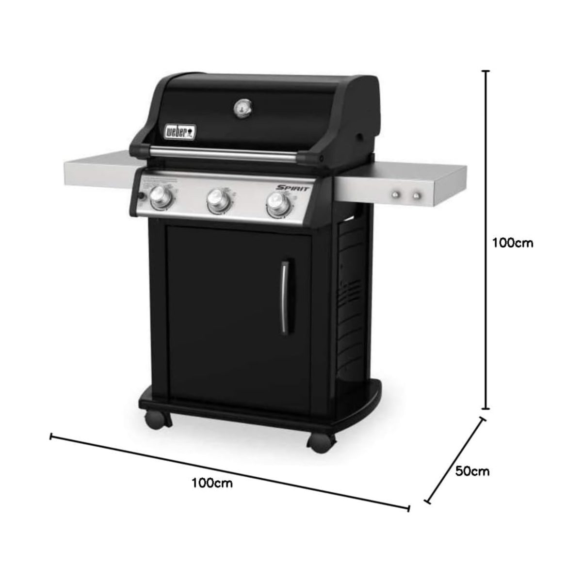 Weber Spirit E-315 GBS barbecue gas con dimensioni indicate: 100cm larghezza, 100cm altezza, 50cm profondità