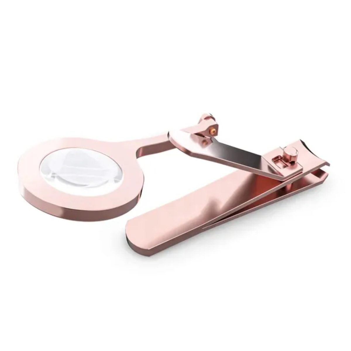Tagliaunghie con lente ingrandimento 4x - acciaio inox Tagliaunghie in acciaio inox rosa con lente d'ingrandimento 4x integrata, vista laterale completa