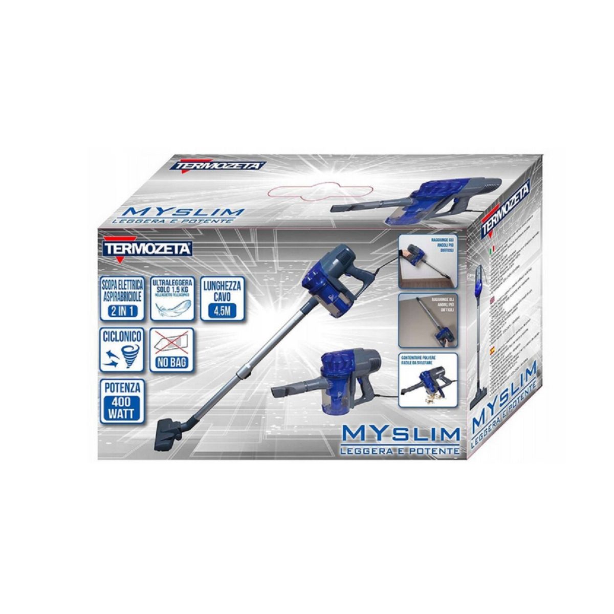 Termozeta MySlim 600 scopa elettrica, confezione originale con caratteristiche tecniche e potenza 400W