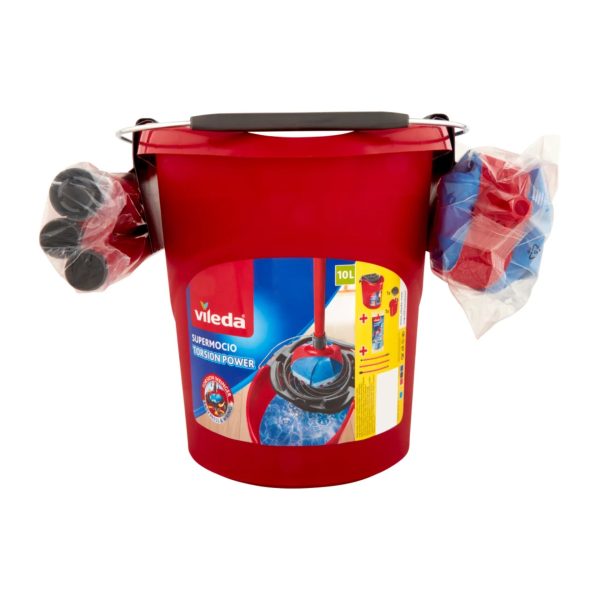 Vileda SuperMocio Torsion Power Set 10L, secchio rosso con strizzatore e ricambi mocio in confezione originale