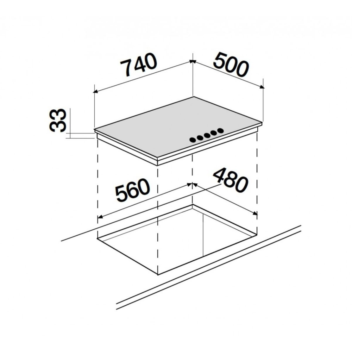 Schema tecnico con dimensioni e misure di incasso del piano cottura Schock STR85THIXN 75cm