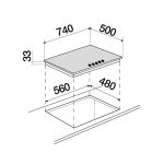 Schema tecnico con dimensioni e misure di incasso del piano cottura Schock STR85THIXN 75cm