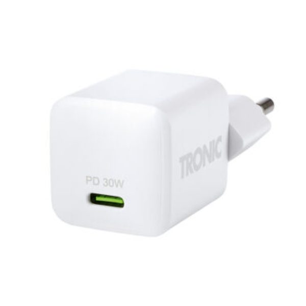 Caricabatterie Tronic USB C GaN 30W vista laterale con porta PD e spina europea, confezione danneggiata