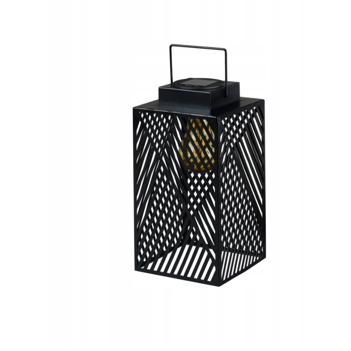 Lanterna solare LED Livarno vista frontale con struttura traforata nera e pannello solare superiore