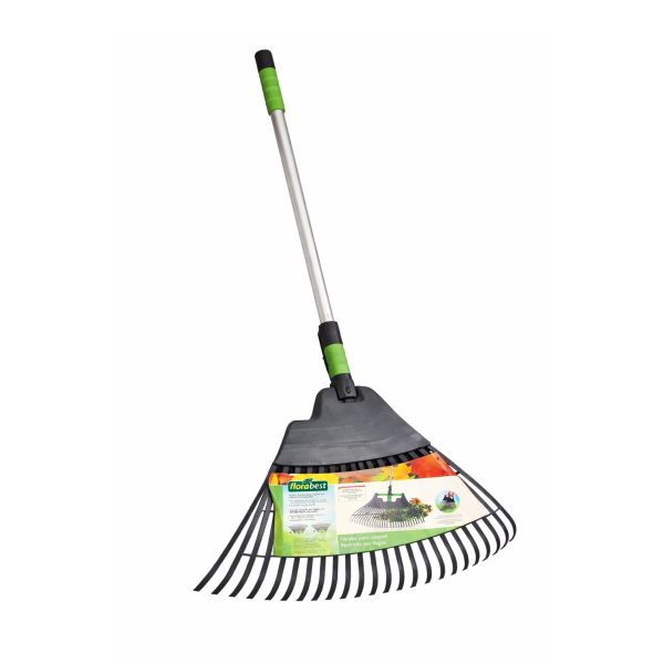 Rastrello Florabest scopa per prato con raccogli foglie integrato, vista frontale con etichetta prodotto originale