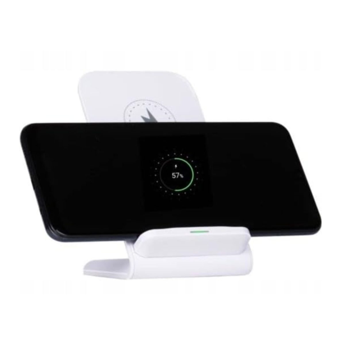 Grundig caricatore wireless induttivo 15W bianco in uso con smartphone in ricarica al 57%, vista laterale