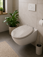 Copriwater Livarno Home Fantasia grigio installato su WC sospeso in un bagno moderno con piante