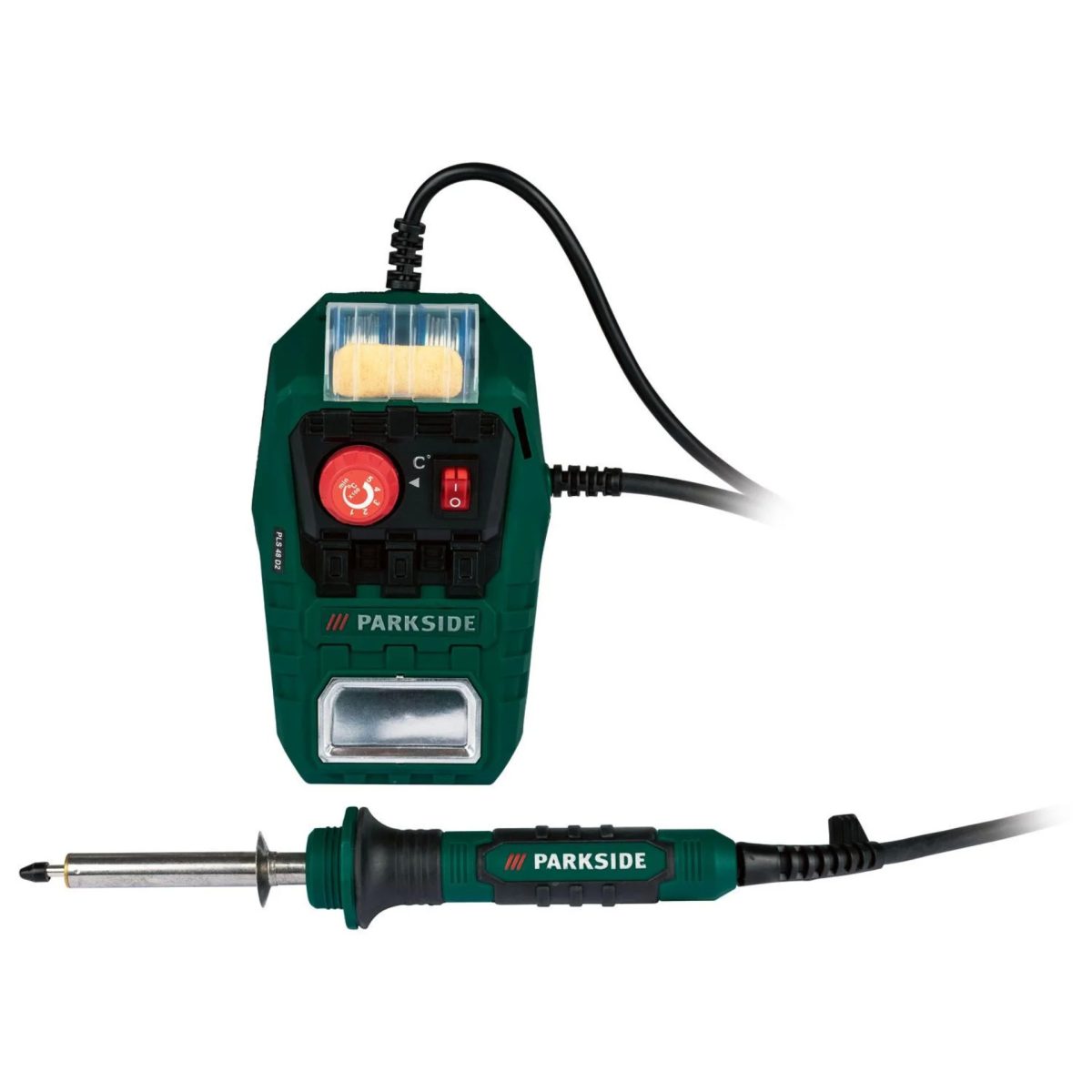 Saldatore Parkside PLS 48 D2 48W vista frontale base con display e stilo separato dettaglio manopola