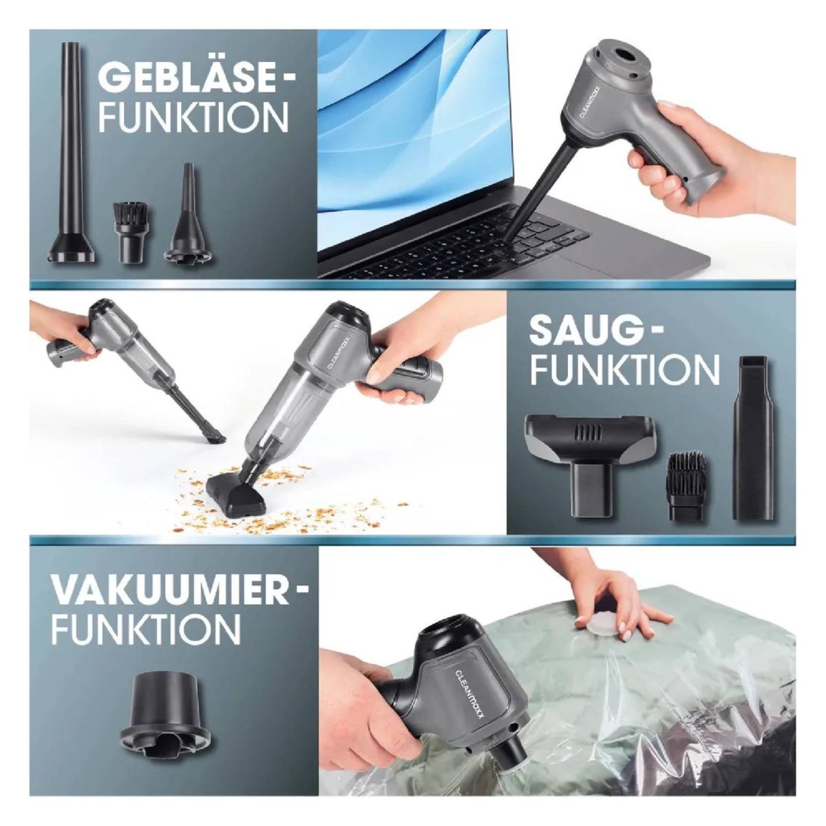 Aspirapolvere CLEANmaxx 3 in 1, dettaglio funzioni soffiante, aspirazione e sottovuoto