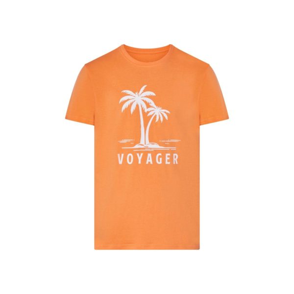 T-shirt Esmara uomo arancione 100% cotone con stampa palme e scritta Voyager, vista frontale