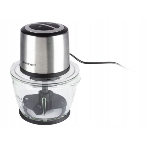 Tritatutto Silvercrest SMZE 500 vista frontale con ciotola in vetro e lame montate
