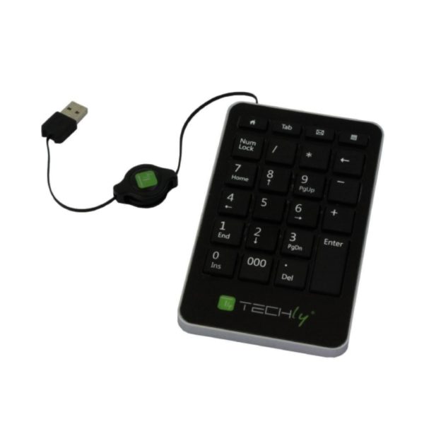 Tastierino numerico USB Techly 23 tasti nero con cavo USB retrattile in vista frontale
