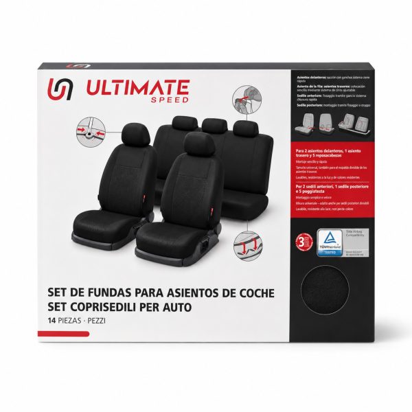 Coprisedili auto Ultimate Speed 14 pezzi, confezione originale con dettagli di montaggio, confezione danneggiata