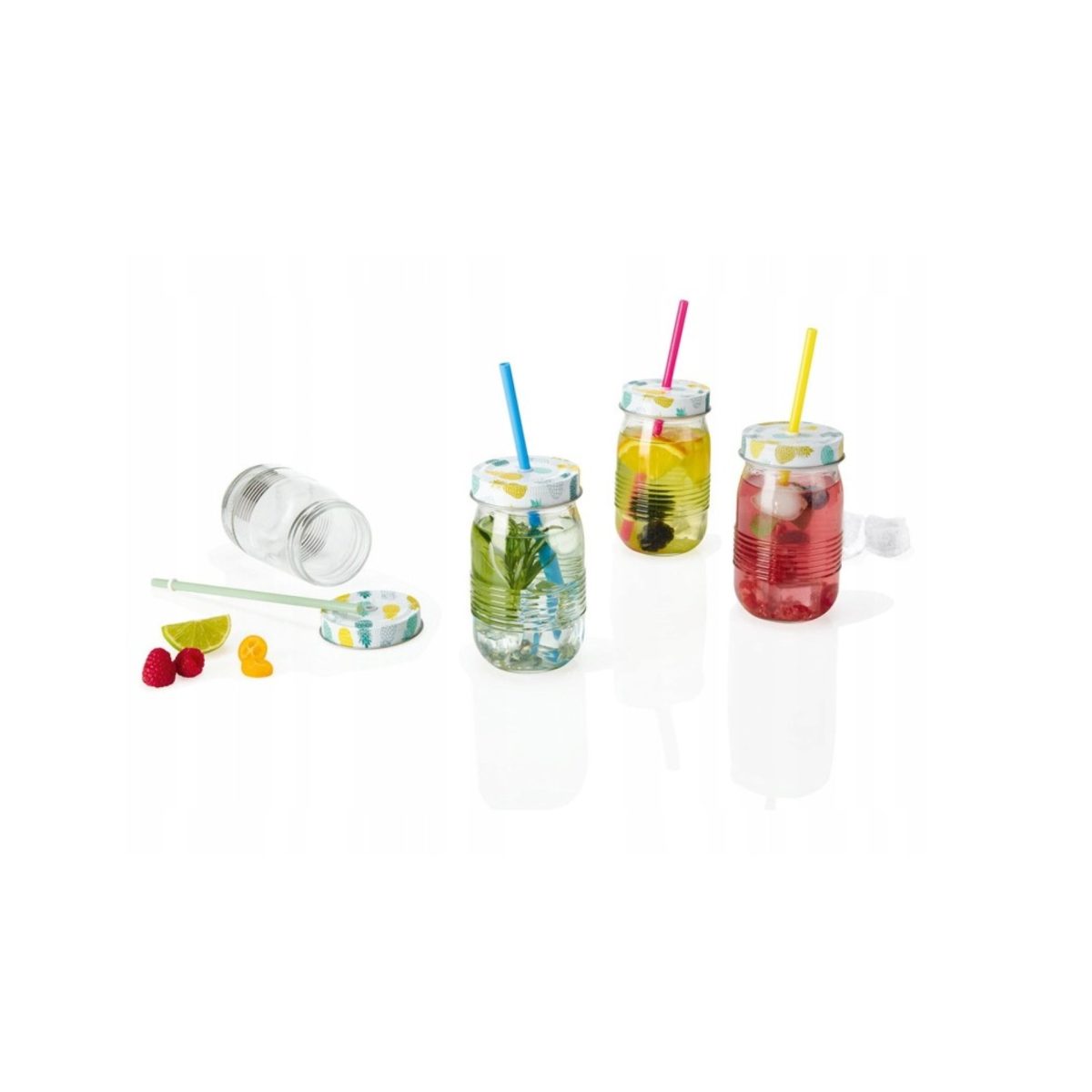 Bicchieri Ernesto 460ml con coperchio, cannuccia e fetta di lime inclusi, riempiti con bevande e frutta fresca