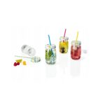 Bicchieri Ernesto 460ml con coperchio, cannuccia e fetta di lime inclusi, riempiti con bevande e frutta fresca
