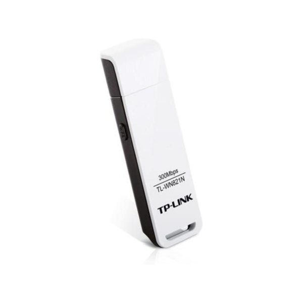 Adattatore USB TP-Link WN821N Wireless 300Mbps vista laterale con pulsante WPS e logo