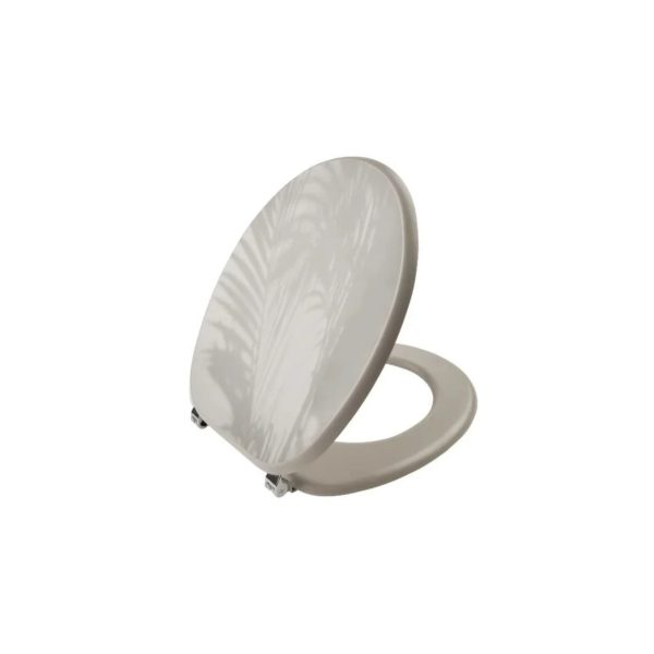 Copriwater Livarno Home Fantasia grigio con motivo foglie, vista laterale con cerniere in cromo