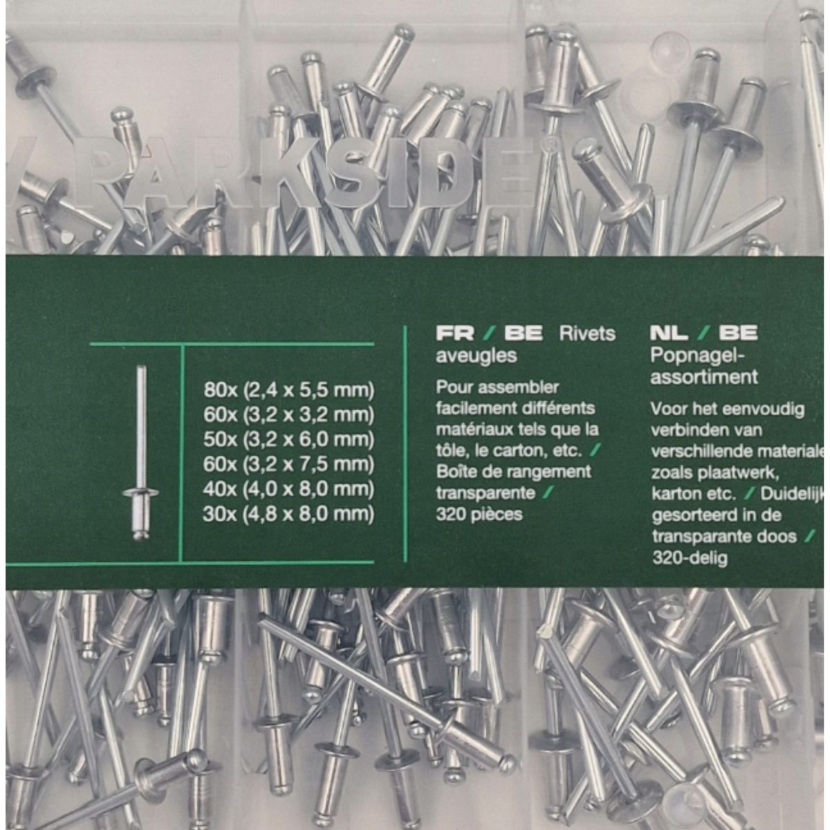 Parkside Set Rivetti a Strappo 320 Pezzi Assortiti in Alluminio con Scatola - immagine 3