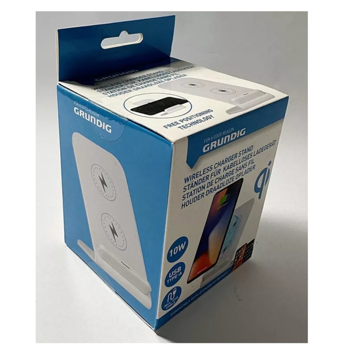 Grundig caricatore wireless induttivo 15W bianco, confezione originale con specifiche tecniche e cavo micro-USB