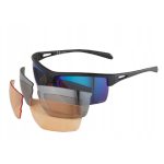 Occhiali sportivi Crivit con montatura e le 3 lenti intercambiabili smontate, blu grigia e arancione