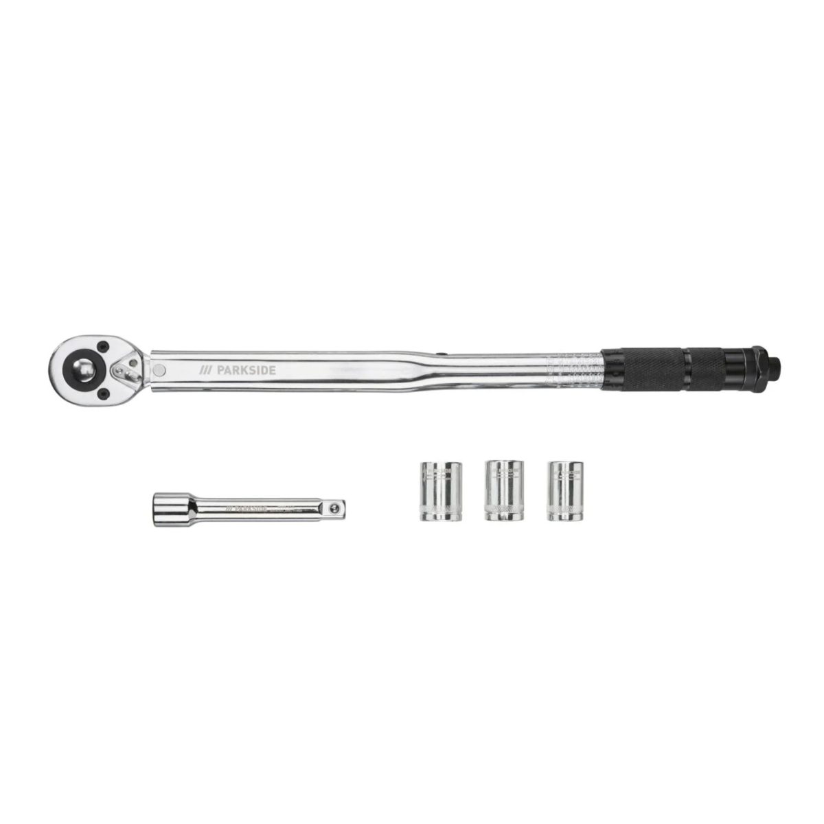 Dettaglio chiave dinamometrica Parkside con logo, cricchetto e accessori 1/2 allineati