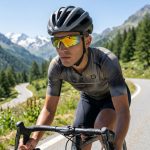 Crivit Occhiali Sportivi UV400 indossati da ciclista in montagna, lenti verdi protezione UV