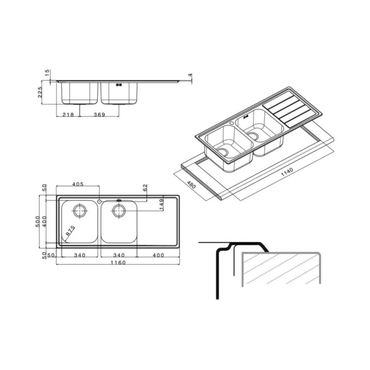 Apell LN1162ILBC Linear lavello semifilo, disegno tecnico con misure e dimensioni vasche