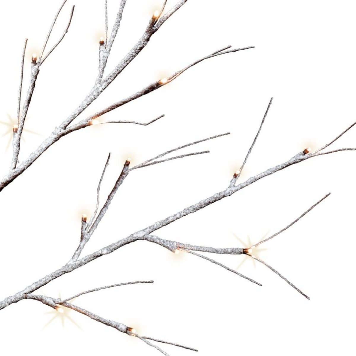 Lumineo Albero Innevato 48 LED 125 cm, dettaglio ravvicinato dei rami innevati con luci LED bianco calde accese