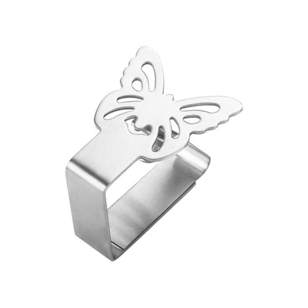 Fermatovaglia acciaio inox a farfalla, vista dettaglio clip singola con design decorativo argento
