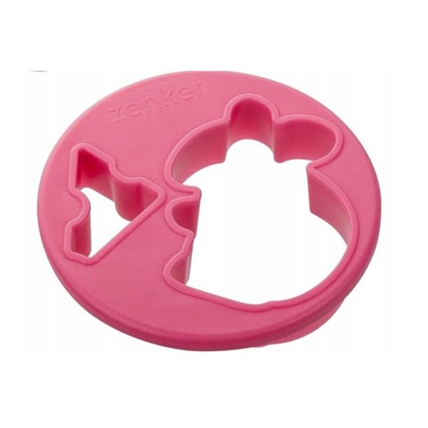 Tagliabiscotti Zenker sagomato rosa a forma di coniglietto, vista frontale con dettaglio stampo in plastica