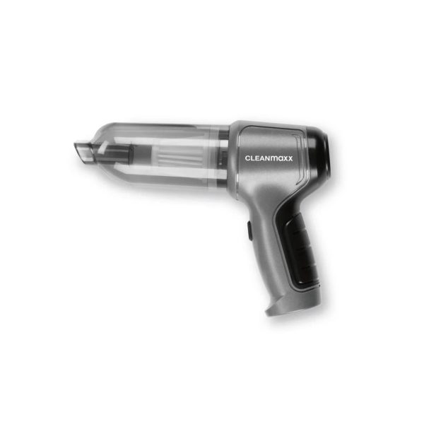 Aspirapolvere a batteria CLEANmaxx senza fili grigio, vista laterale con serbatoio trasparente