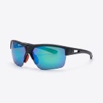 Occhiali sportivi Crivit vista laterale con lenti a specchio blu-verde e montatura nera opaca