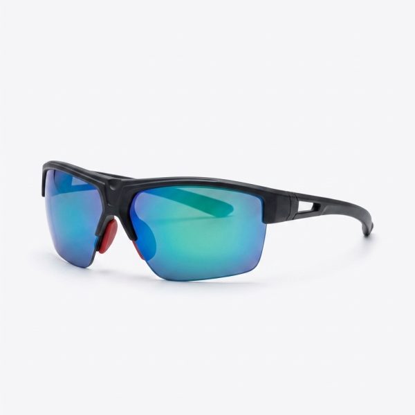 Occhiali sportivi Crivit vista laterale con lenti a specchio blu-verde e montatura nera opaca