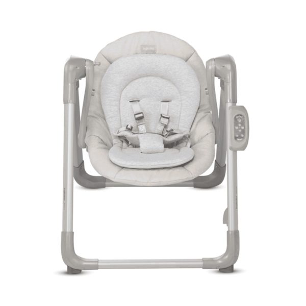 Inglesina Wave altalena sdraietta musicale Butter, vista frontale con cinture di sicurezza e pannello comandi
