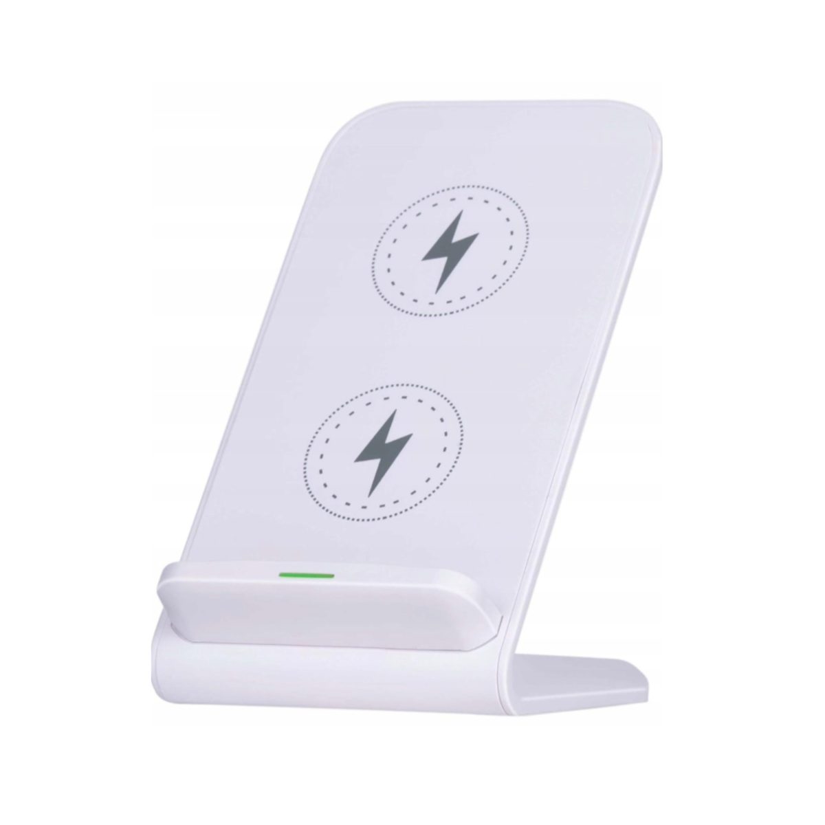 Grundig Caricatore Wireless 15W - Vista Frontale Grundig caricatore wireless induttivo 15W bianco, vista frontale con doppia bobina di ricarica e led verde