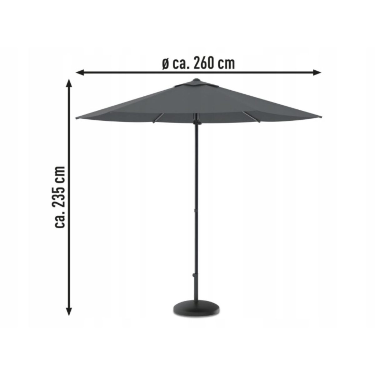 Ombrellone Livarno Home antracite con schema dimensioni: diametro 260cm e altezza 235cm
