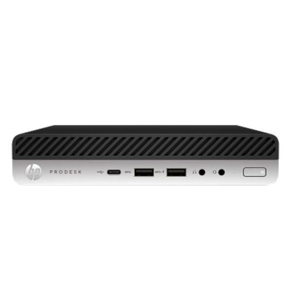 HP ProDesk 600 G5 Mini PC ricondizionato, vista frontale con porte USB-C, USB 3.0 e jack audio