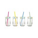 Set 4 bicchieri Ernesto in vetro scanalato 460ml con coperchio a fantasia ananas e cannucce colorate