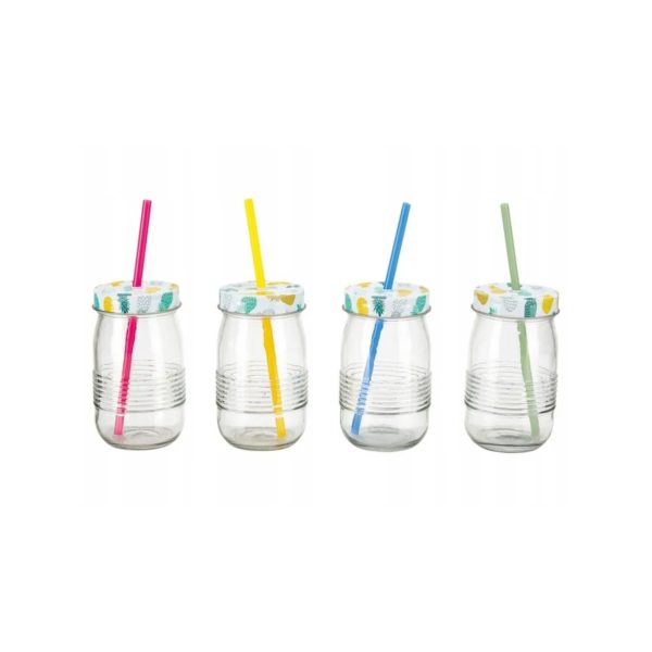 Set 4 bicchieri Ernesto in vetro scanalato 460ml con coperchio a fantasia ananas e cannucce colorate