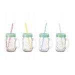 Ernesto set 4 bicchieri vetro 450ml con manico, coperchio verde e cannucce colorate diverse
