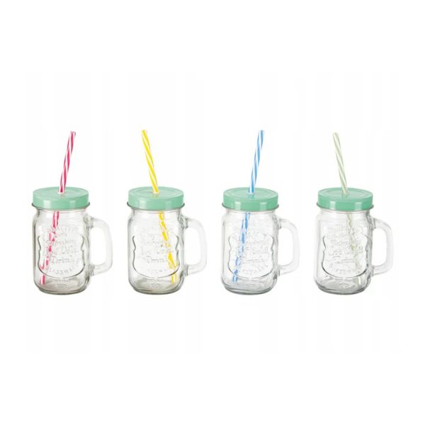 Ernesto set 4 bicchieri vetro 450ml con manico, coperchio verde e cannucce colorate diverse