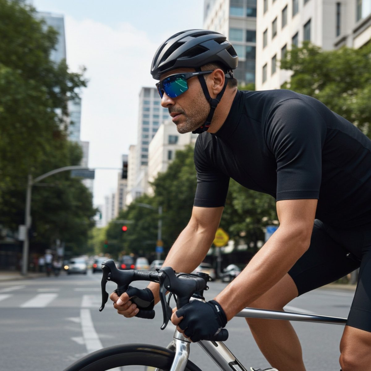 Occhiali sportivi Crivit indossati da ciclista durante allenamento su strada urbana