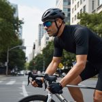 Occhiali sportivi Crivit indossati da ciclista durante allenamento su strada urbana