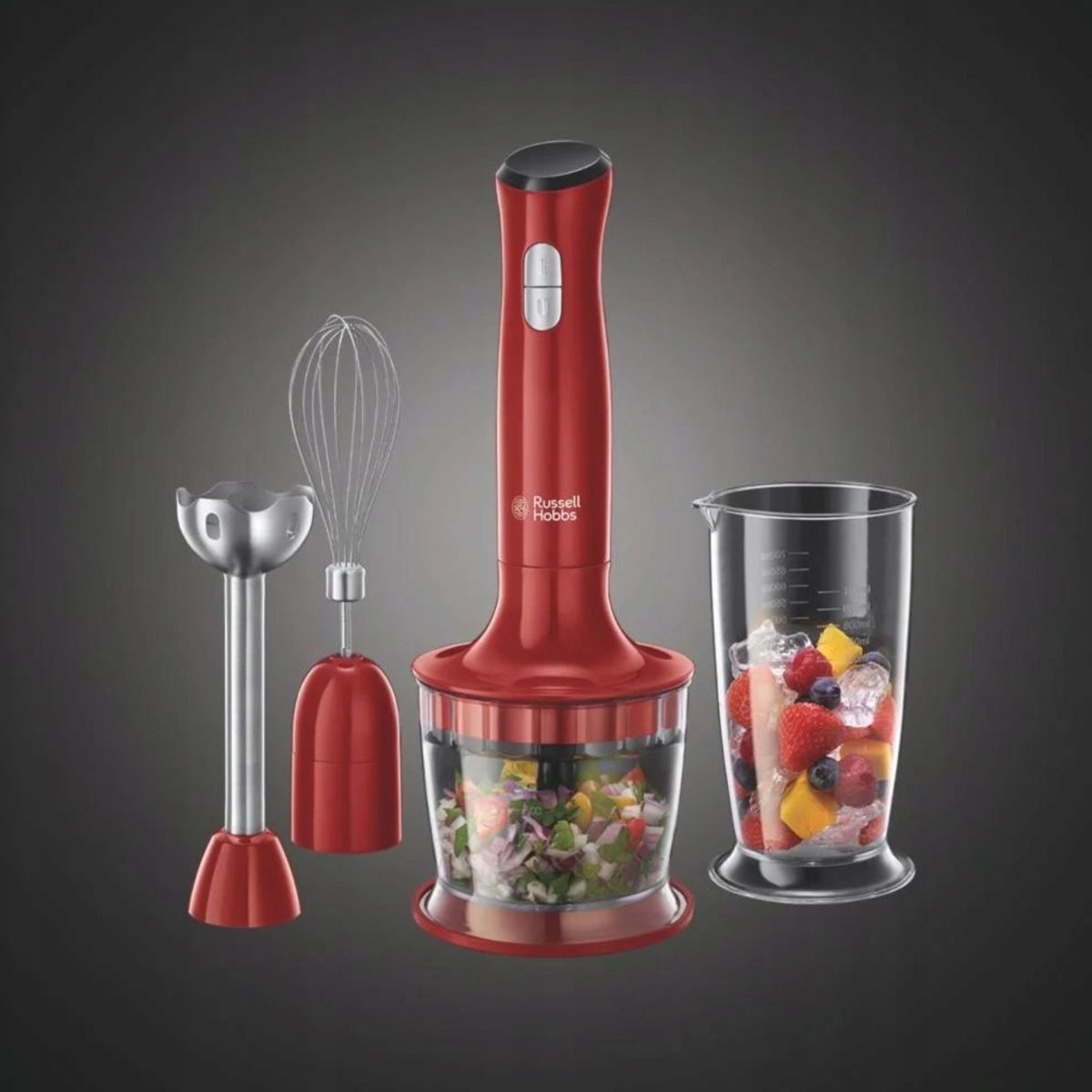 Mixer a immersione Russell Hobbs con lame in acciaio inox e accessori su sfondo scuro