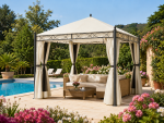 Gazebo Oregon 3x3m ferro beige installato in giardino a bordo piscina con divano e tende laterali aperte