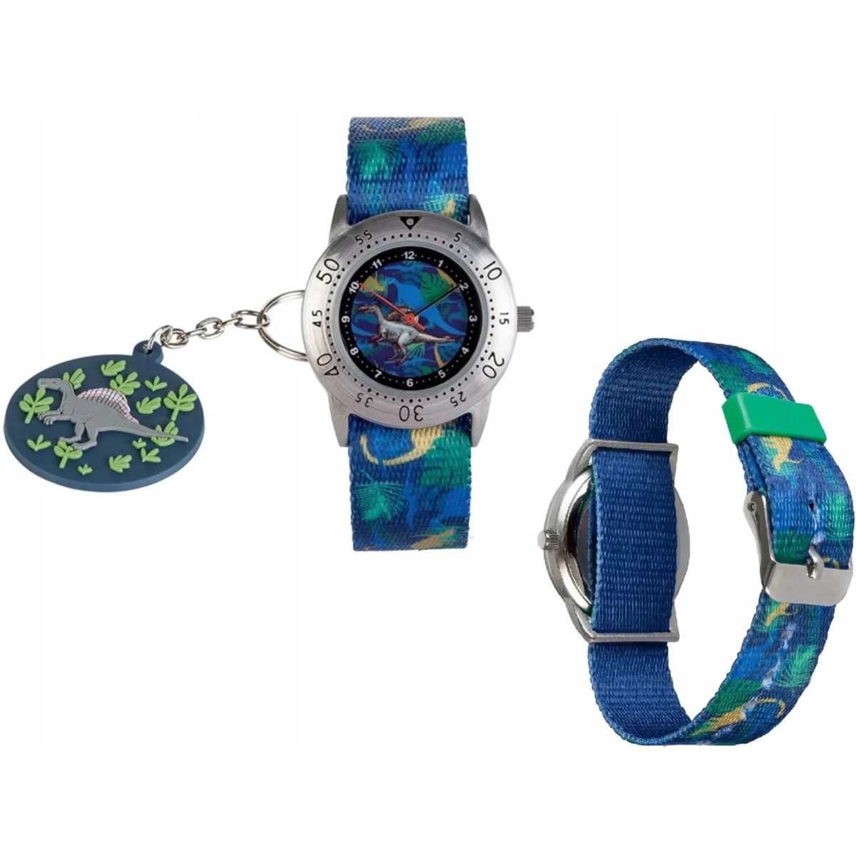 Auriol Orologio Bambini Set Portachiavi Dinosauro Quarzo Cinturino Verde e Blu - immagine 2