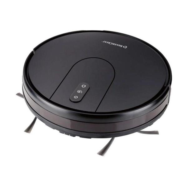 Silvercrest SSWR C3 robot aspira lava nero, vista dall'alto con pulsanti di comando e spazzole laterali