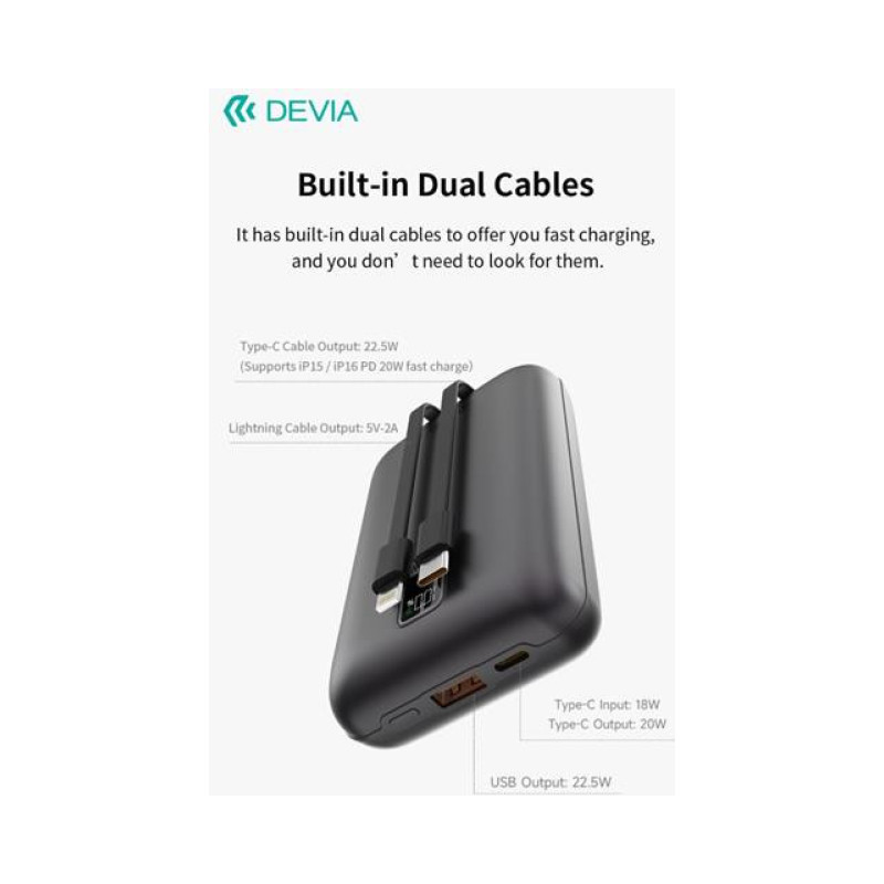 nqK9wU9rOJPnFpHdkWQguEZhBfg4PtSD2lnCqh2x.jpg DEVIA Ultra4 Mini Power Bank 20000mAh 22.5W 2 Cavi Integrati USB-C Grigio - immagine 1