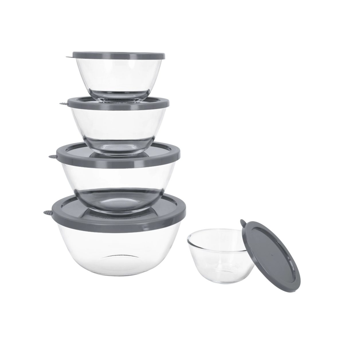 s6DcS4yau13mSOOm3E2KhJhOANs9TRG02GaOqlEl.jpg Silvercrest Set 5 Ciotole in Vetro con Coperchio Impilabili Salvaspazio - immagine 1
